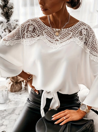 dunnmall  Lace Splicing Batwing Sleeve Blouse, Casual Solid Off Shoulder Summer Blouse, Women's Clothing