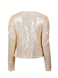 Sequined Solid Jacket, Casual Open Front Crew Neck Long Sleeve Outerwear, Women's Clothing