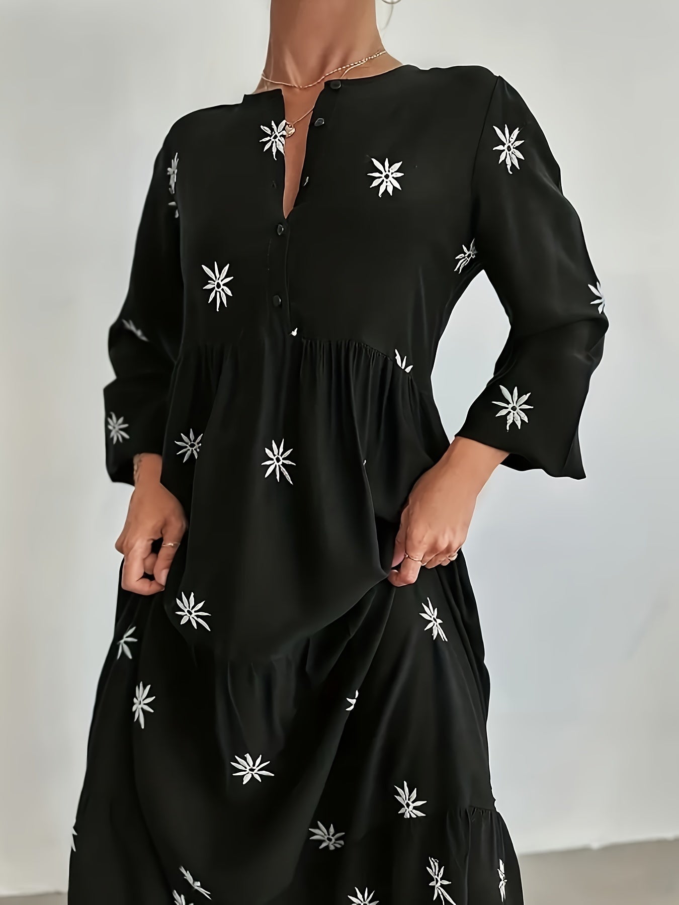 dunnmall  Plus Size Casual Dress, Women's Plus Floral Print Long Sleeve Round Neck Button Up Maxi Smock Dress