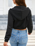 Solid Zip Front Drawstring Crop Hoodie, Sexy Long Sleeve Hoodie For Spring & Fall, Women's Clothing