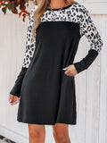 Leopard Print Splicing Dress, Casual Crew Neck Long Sleeve Dress, Women's Clothing