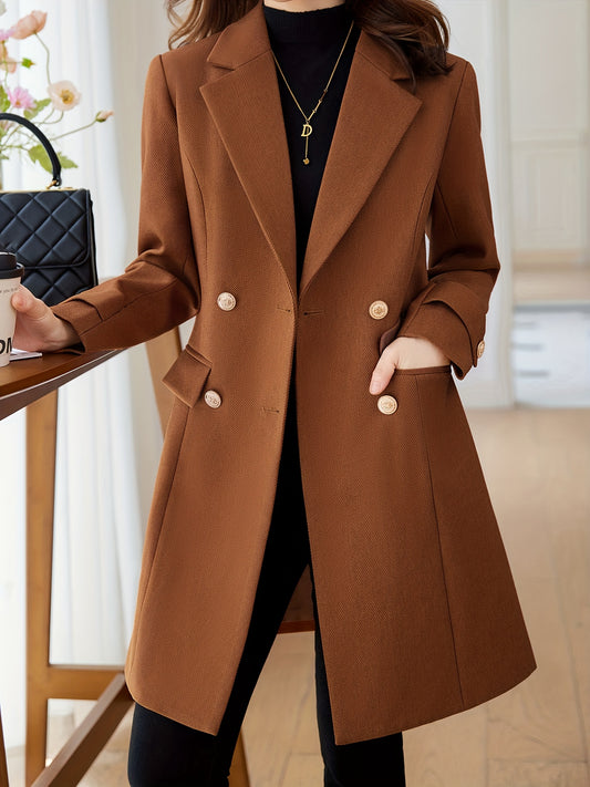 Solid Double Breasted Lapel Overcoat, Elegant Long Sleeve Mid Length Coat  For Fall & Winter, Women's Clothing