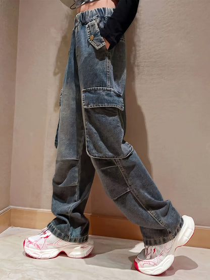 dunnmall  Y2K Girls Loose Cargo Jeans Everyday All-match Casual Denim Pants For Street Style