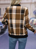 Plaid Zipper Front Jcaket, Casual Long Sleeve Jacket For Spring & Fall, Women's Clothing