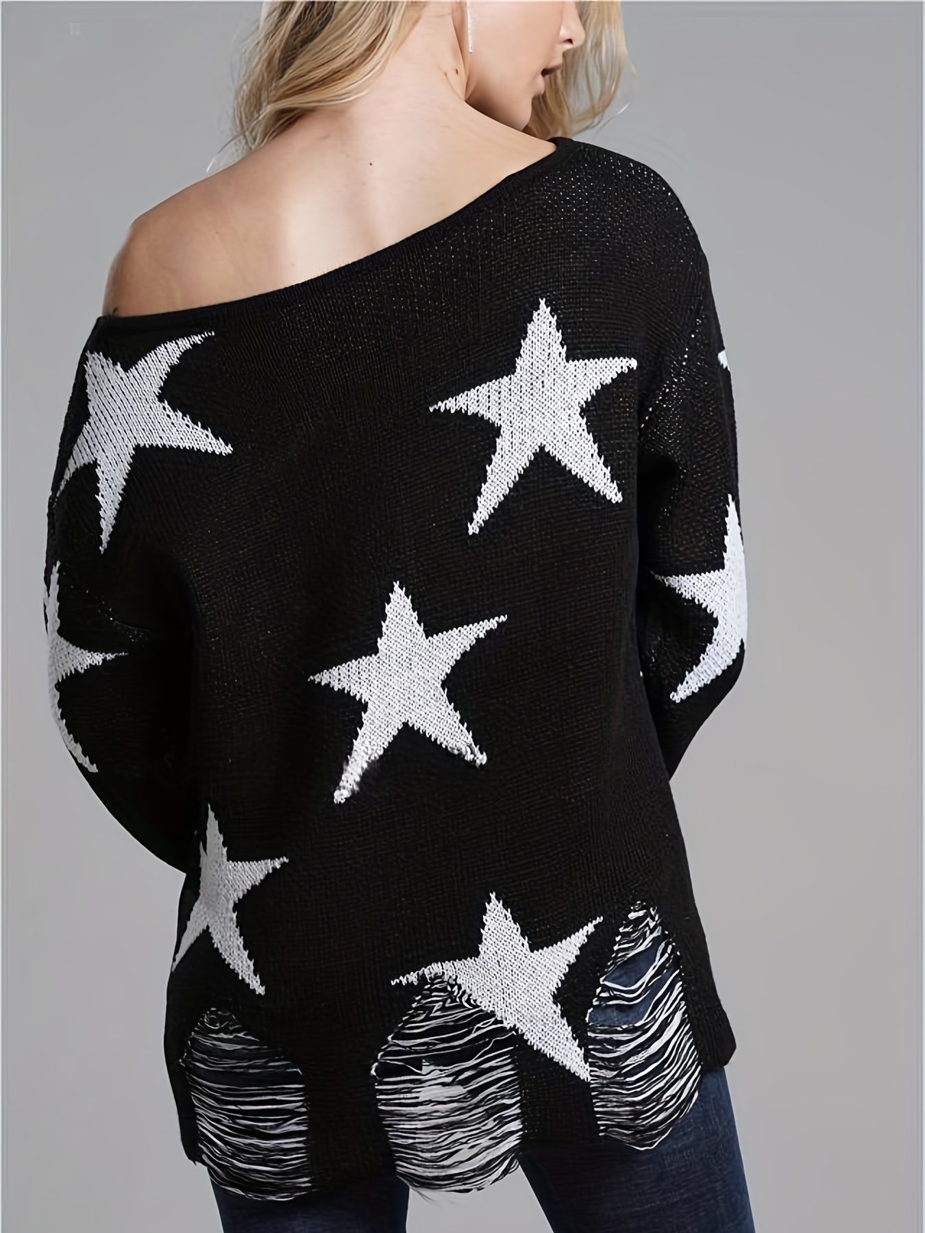 dunnmall  Stars Print Knit Sweater, Casual Ripped Long Sleeve Sweater, Women's Clothing