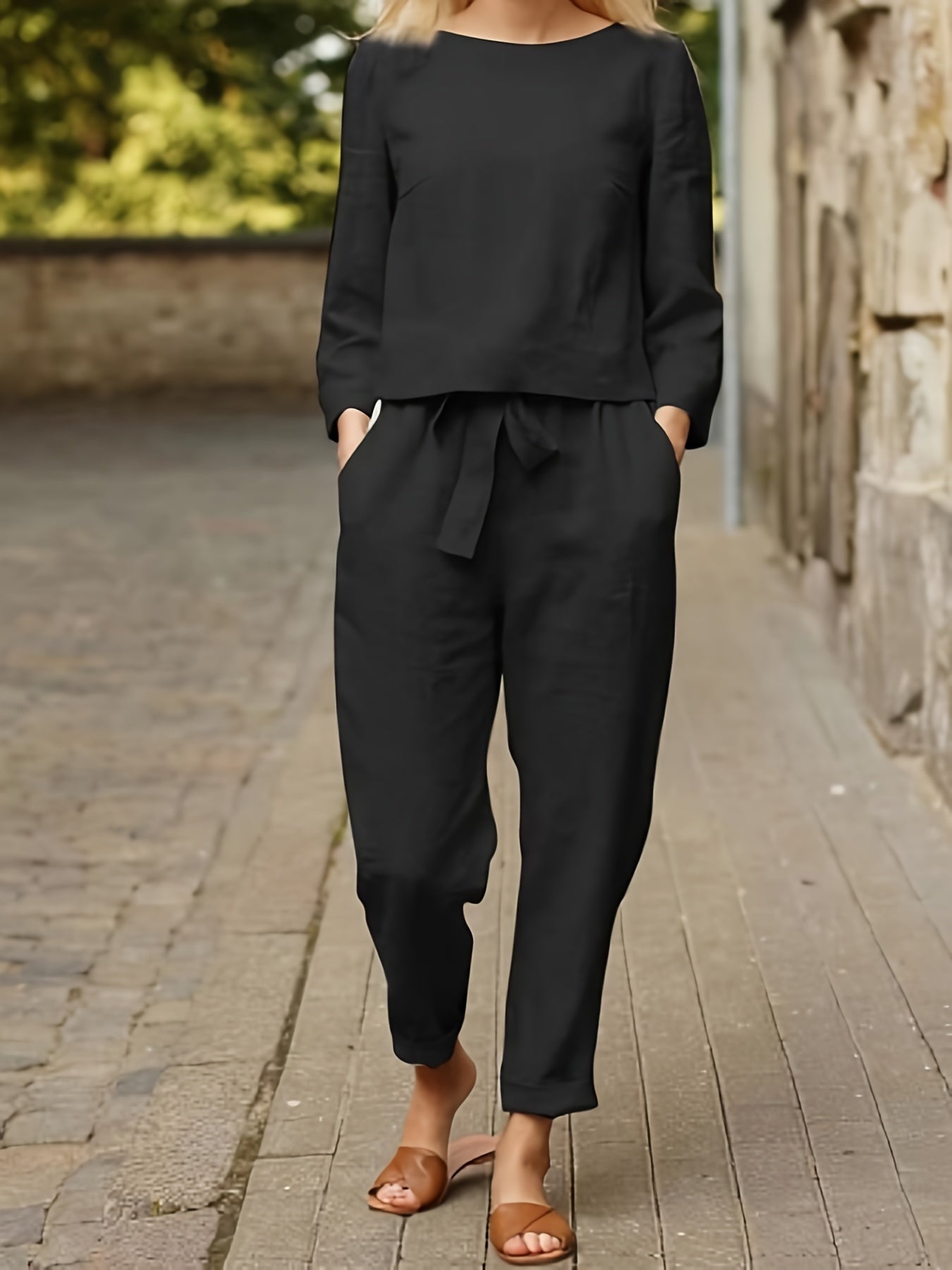 Casual Pantsuits Two Piece Set, Solid Long Sleeve Tops & Loose High-waisted Pants Outfits, Women's Clothing