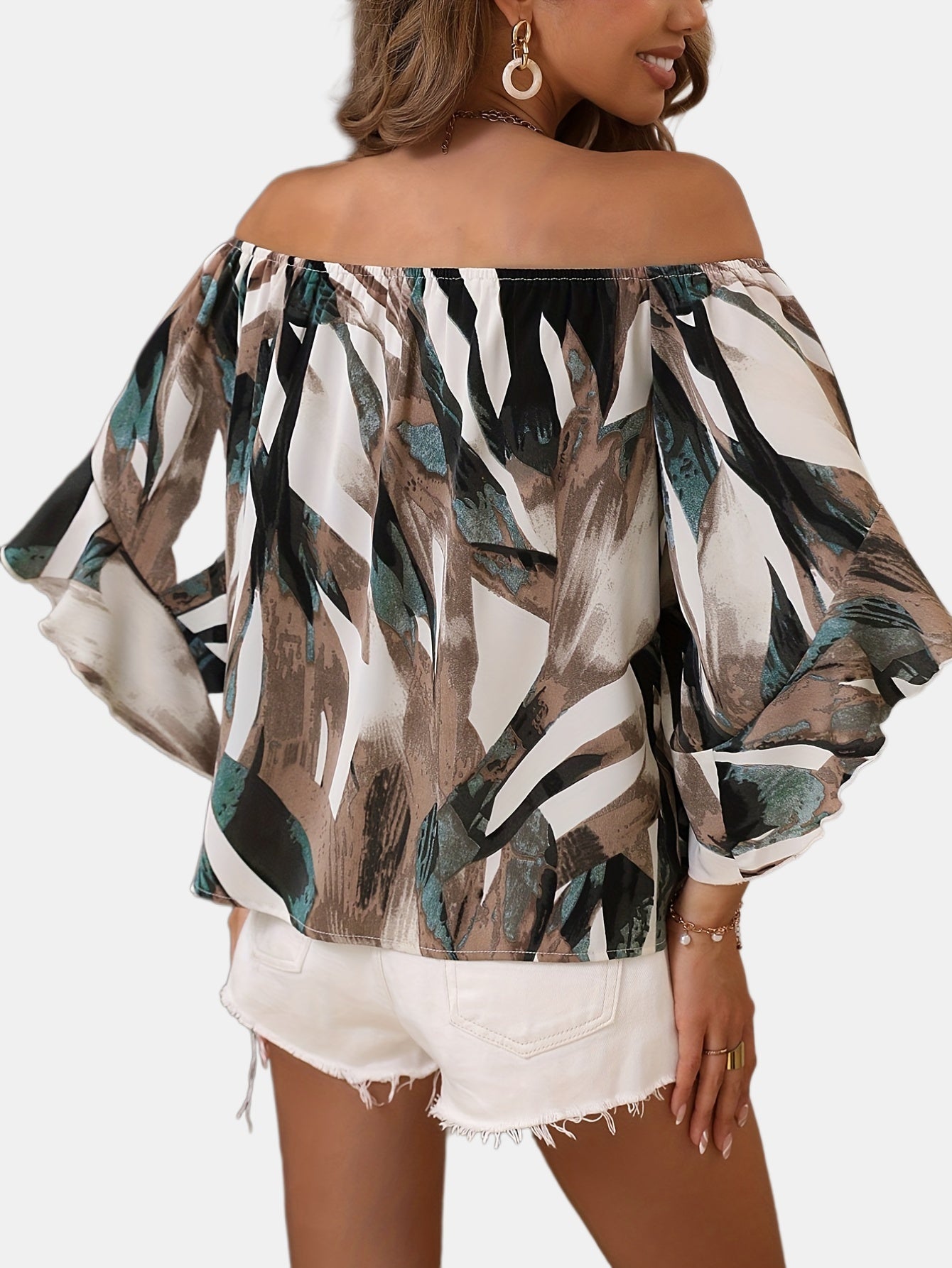 dunnmall  Allover Print Off Shoulder Blouse, Casual Blouse For Spring & Summer, Women's Clothing