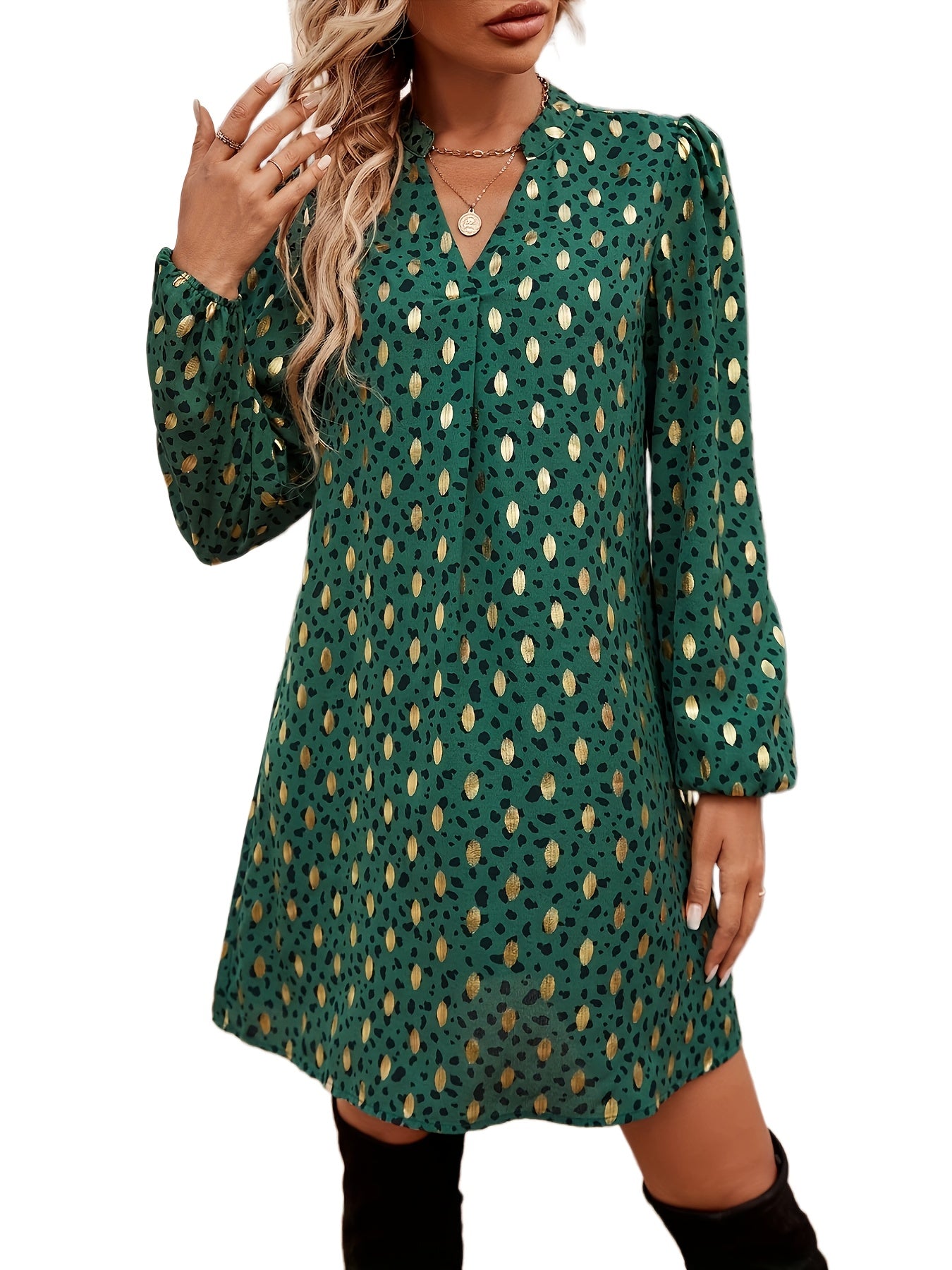 dunnmall  Full Printed Lantern Sleeve Dress, Casual V Neck Summer Mini Dress, Women's Clothing