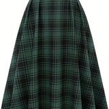 High Waist Button Plaid Ruffled Hem Skirt, Vintage Loose Stylish Midi Skirt, Women's Clothing