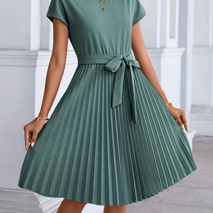 dunnmall  Pleated Tie Front Dress, Casual Solid Short Sleeve Dress For Spring & Summer, Women's Clothing