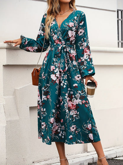 dunnmall  Vintage Floral Print Dress, Elegant V Neck Long Sleeve Dress, Women's Clothing