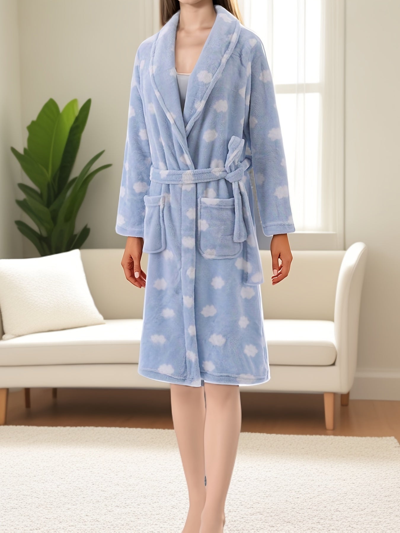 Casual Cloud Pattern Fleece Thickened Night Robe, Long Sleeve Lapel Pocketed Robe With Belt, Women's Sleepwear & Dresses For Fall & Winter