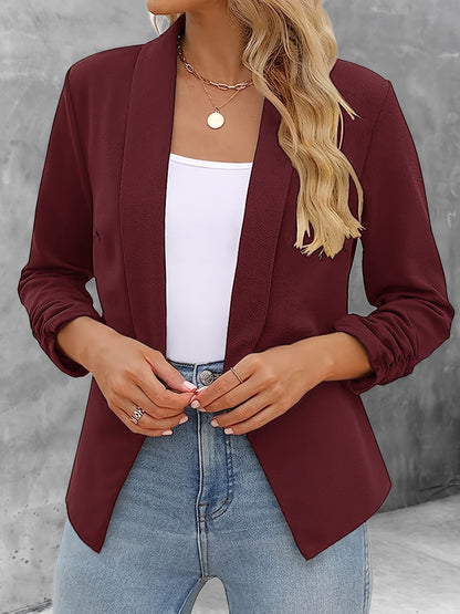 Solid Color Open Front Blazer, Elegant Lapel Ruched Sleeve Blazer For Office & Work, Women's Clothing