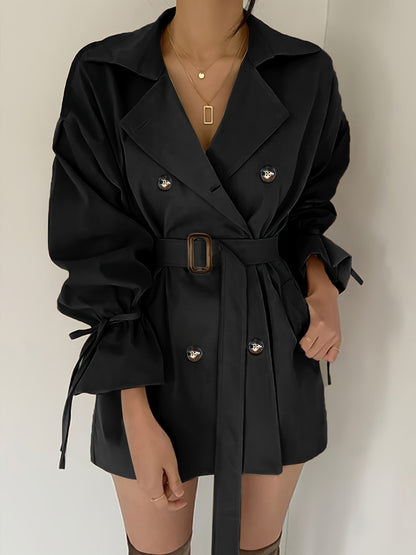 dunnmall Double Breasted Lapel Trench Coat, Elegant Solid Drawstring Long Sleeve Outerwear, Women's Clothing