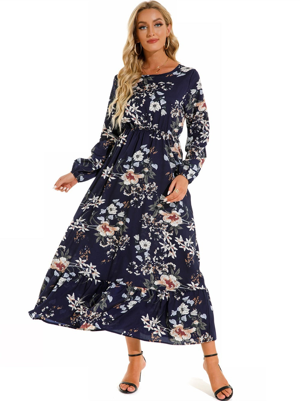 Floral Print Maxi Dress, Long Sleeve Loose Crew Neck Dress, Casual Dresses For Spring & Summer, Women's Clothing