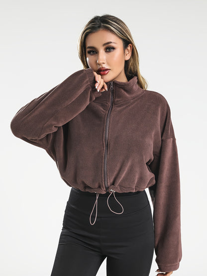 Fleece Thickened Long Sleeve Jacket, Zipper Stand Collar Loose Warm Casual Jacket Fot Winter Outdoor Sports, Women's Clothing