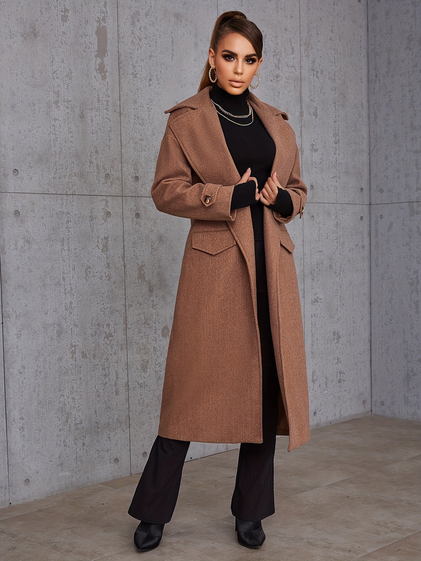 Long Length Waterfall Collar Coat, Elegant Open Front Long Sleeve Outerwear, Women's Clothing