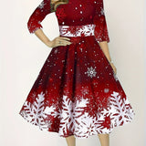 dunnmall  Women's Christmas Casual Dress, Plus Size Colorblock Snowflake Print Half Sleeve Round Neck Midi Dress