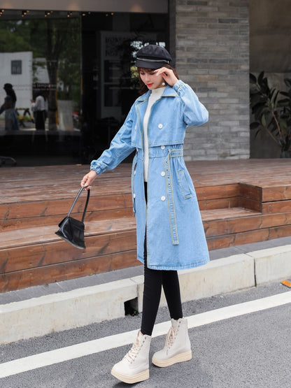 dunnmall  Blue Loose Fit Long Denim Jackets, Long Sleeves Non-Stretch With Waistband Lapel Denim Coats, Women's Denim Clothing