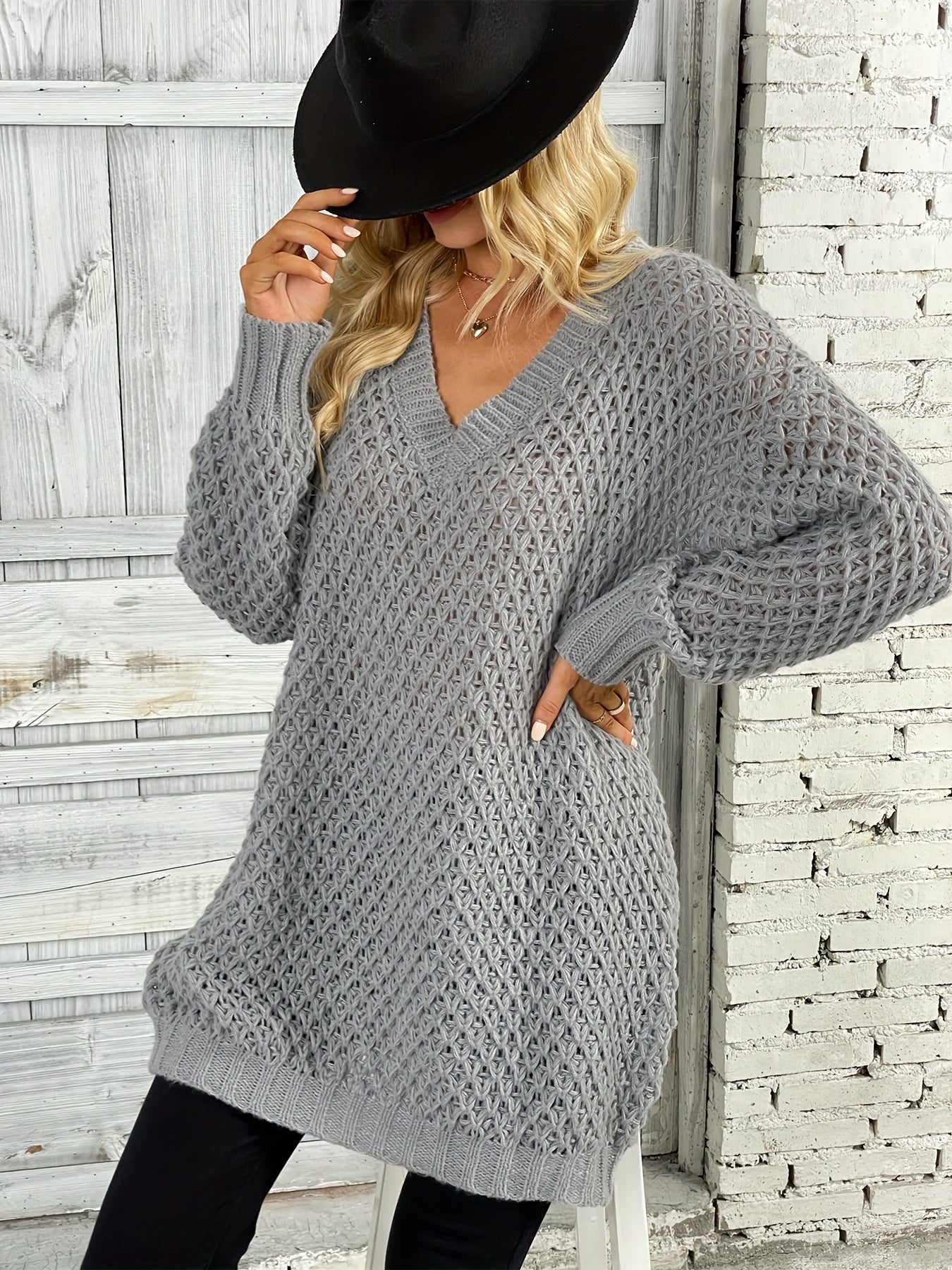 Solid Simple Knit Sweater, Casual V Neck Long Sleeve Solid Sweater, Women's Clothing