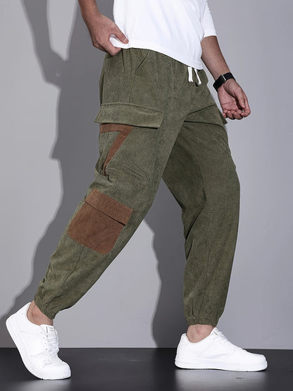 Trendy Corduroy Cargo Drawstring Pants, Men's Multi Flap Pocket Trousers, Loose Casual Outdoor Pants, Men's Work Pants Outdoors Streetwear Hip Hop Style