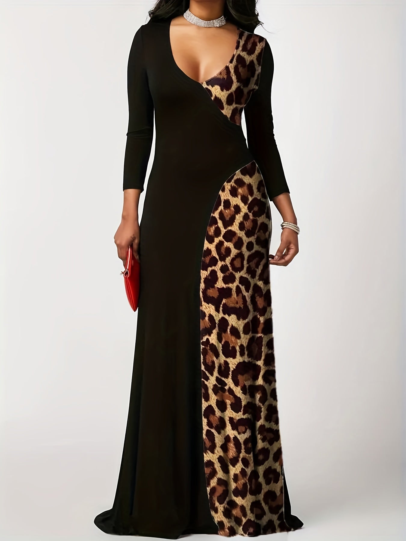 dunnmall Plus Size Casual Dress, Women's Plus Colorblock Leopard Print Long Sleeve V Neck Slim Fit Maxi Dress