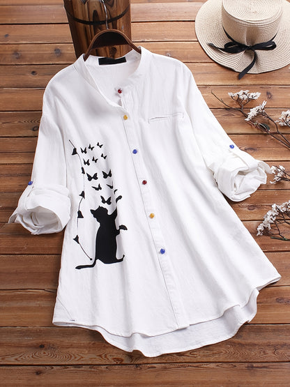 dunnmall  Cute Cat & Butterfly Print Shirt, Casual Button Front Mid Length Hem Arc Long Sleeve Shirt, Women's Clothing