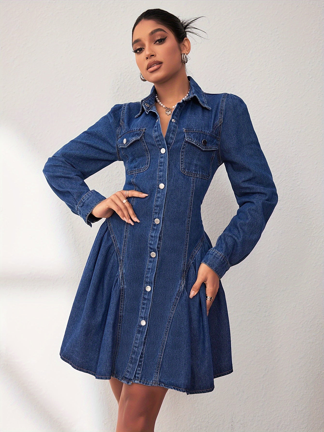 dunnmall  Ruffled Single-breasted Long Sleeve Denim Dress, Lapel Plain Washed Blue Retro Elegant Denim Dress, Women's Denim Jeans & Clothing