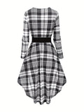 dunnmall Plaid Print Splicing Dress, Vintage Long Sleeve Bodycon Dress, Women's Clothing