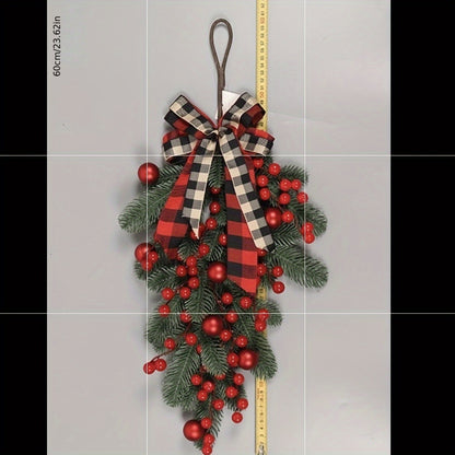 Vibrant Christmas PE Pine Swag Garland - Lush Greenery with Red Berries, Plaid Ribbon, and Versatile Hanging Options for Home Decor, Seasonal Spring Decor, and Festive Holiday Decorations - No Container Needed