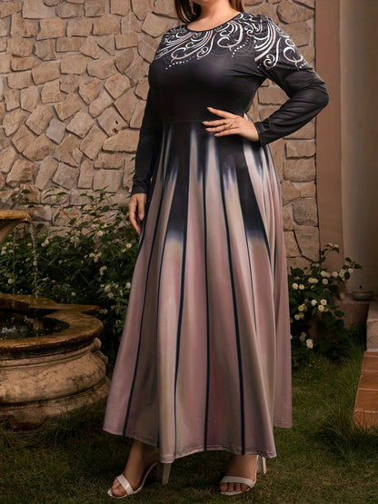 Plus Size Romantic Abaya Dress, Women's Plus Graphic Print Long Sleeve Round Neck Maxi Ombre Jalabiya Dress