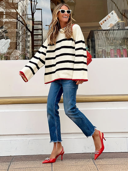 Striped Crew Neck Loose Sweater, Elegant Long Sleeve Sweater For Fall & Winter, Women's Clothing