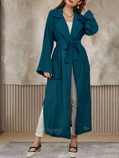 Long Length Solid Coat, Casual Long Sleeve Versatile Open Front Outerwear, Women's Clothing