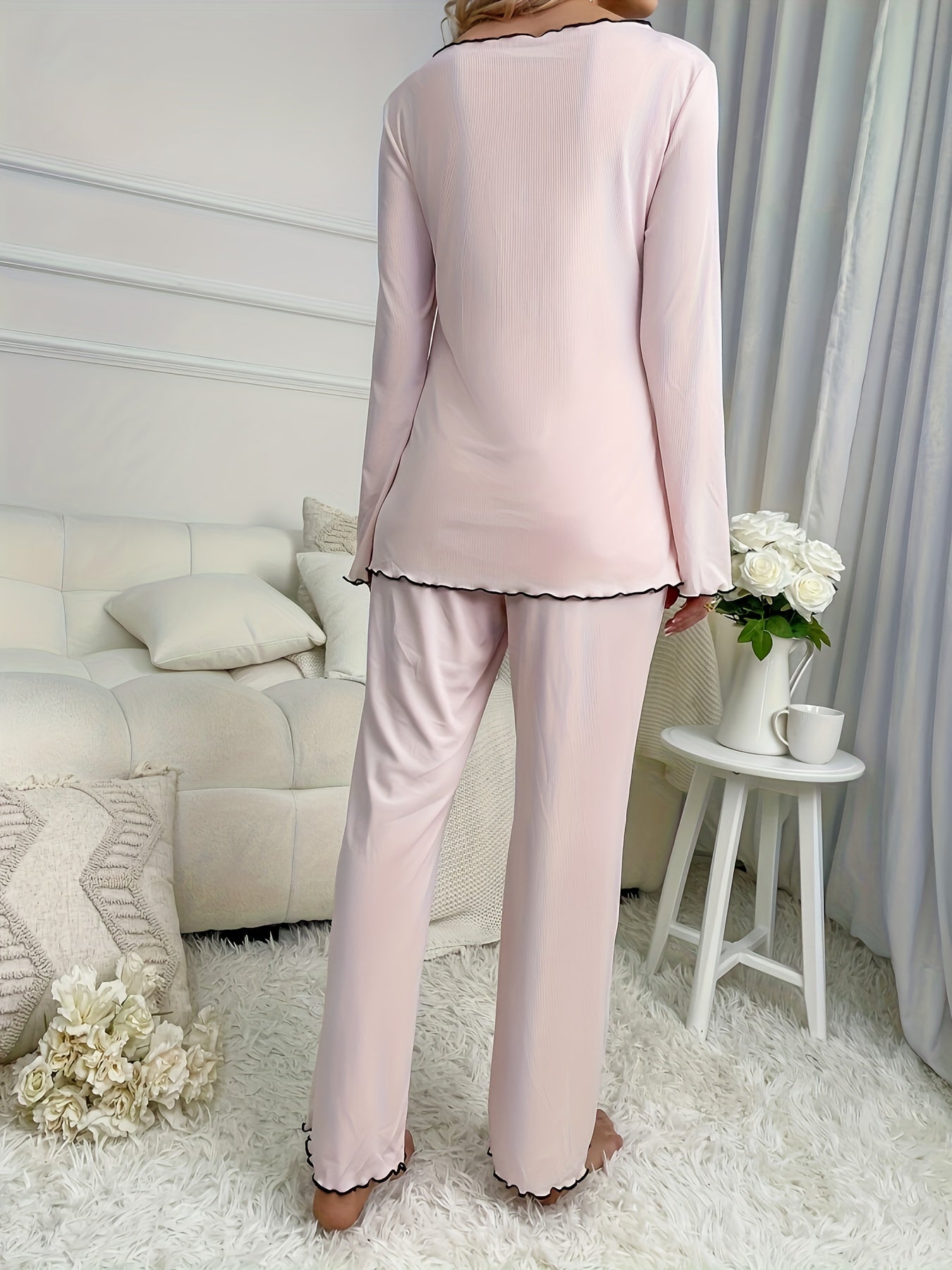 dunnmall  Lettuce Trim Lounge Set, Long Sleeve Side Split Top & Elastic Waistband Pants, Women's Loungewear & Sleepwear