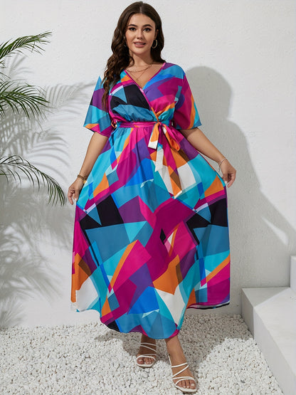 dunnmall  Plus Size Casual Dress, Women's Plus Colorblock Geometric Print Short Sleeve Surplice Neck Maxi Dress With Belt