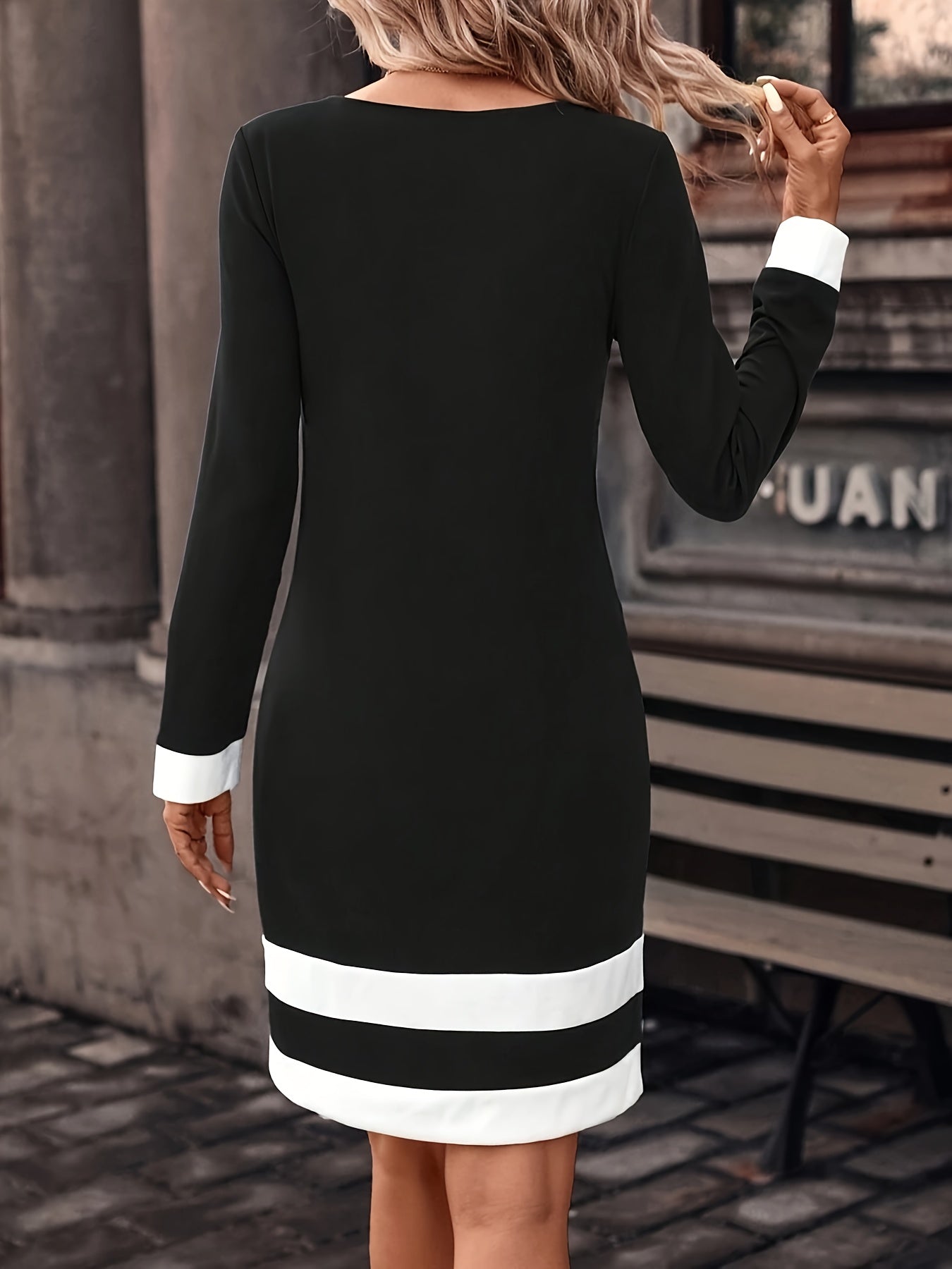 dunnmall Color Block Long Sleeve Dress, Casual Crew Neck A-line Knee Length Dress, Women's Clothing