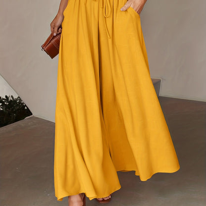 Solid Drawstring Culottes, Casual Wide Leg Summer Pants With Pockets, Women's Clothing