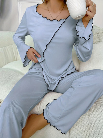 dunnmall  Lettuce Trim Lounge Set, Long Sleeve Side Split Top & Elastic Waistband Pants, Women's Loungewear & Sleepwear