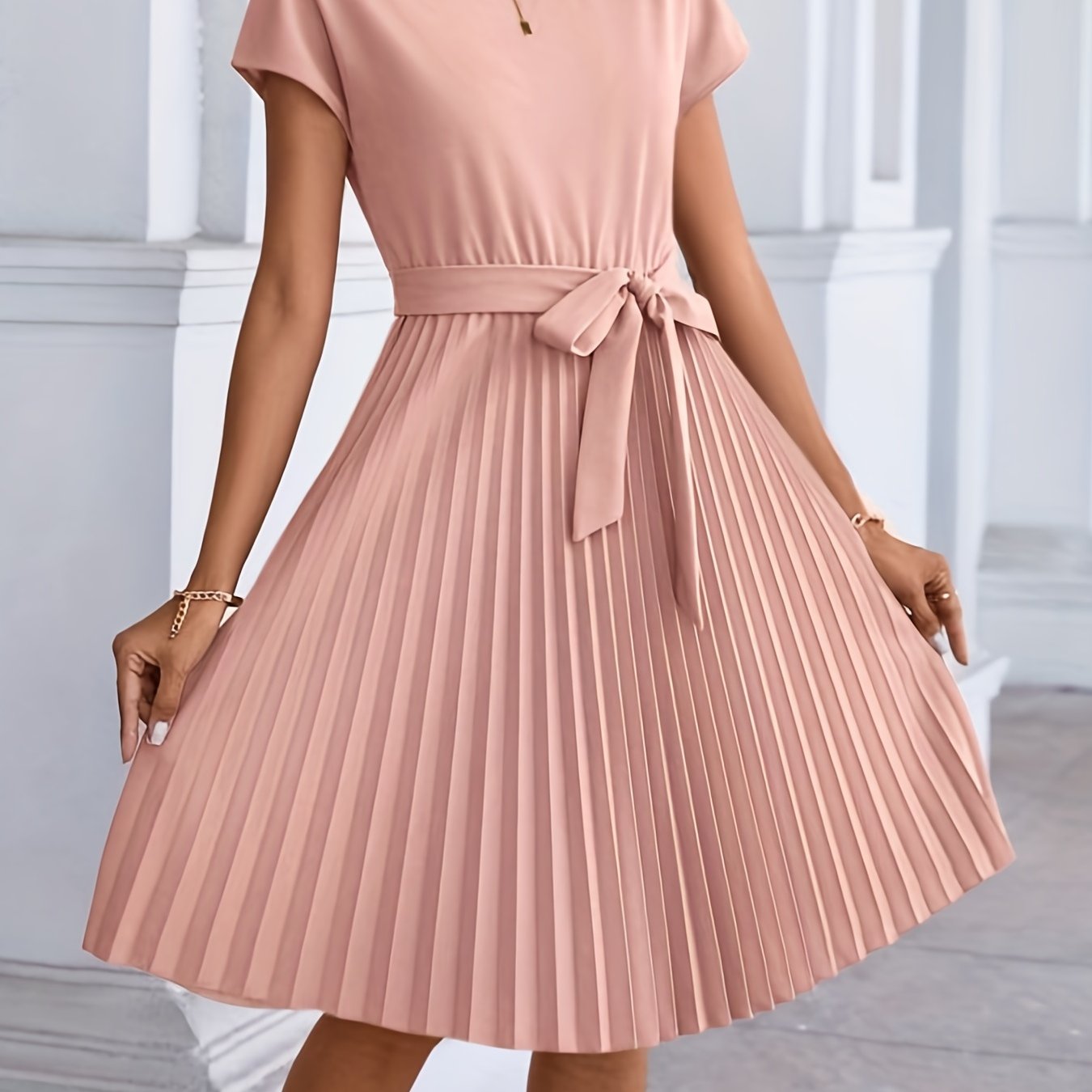 dunnmall  Pleated Tie Front Dress, Casual Solid Short Sleeve Dress For Spring & Summer, Women's Clothing