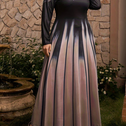 Plus Size Romantic Abaya Dress, Women's Plus Graphic Print Long Sleeve Round Neck Maxi Ombre Jalabiya Dress