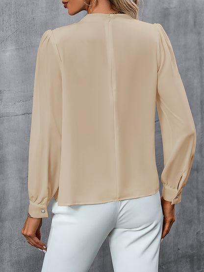 Ruched Solid Blouse, Elegant Long Sleeve Work Office Blouse, Women's Clothing