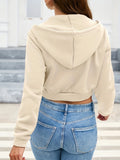 Solid Zip Front Drawstring Crop Hoodie, Sexy Long Sleeve Hoodie For Spring & Fall, Women's Clothing