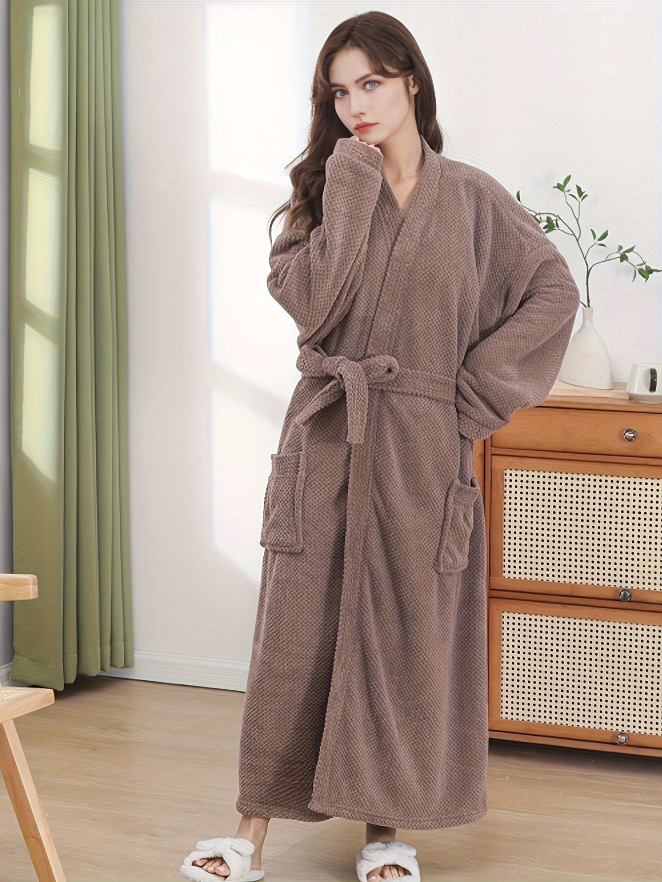 Women's Casual Lounge Robe, Plus Size Solid Long Sleeve Open Front Coral Fleece Soft Belted Bathrobe