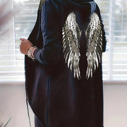 Wings Sequin Hooded Jacket, Open Front Casual Jacket For Spring & Fall, Women's Clothing