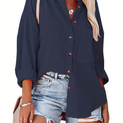 dunnmall  Plus Size Casual Shirt, Women's Plus Solid Button Up Long Sleeve Loose Collared Plain Blouse Top