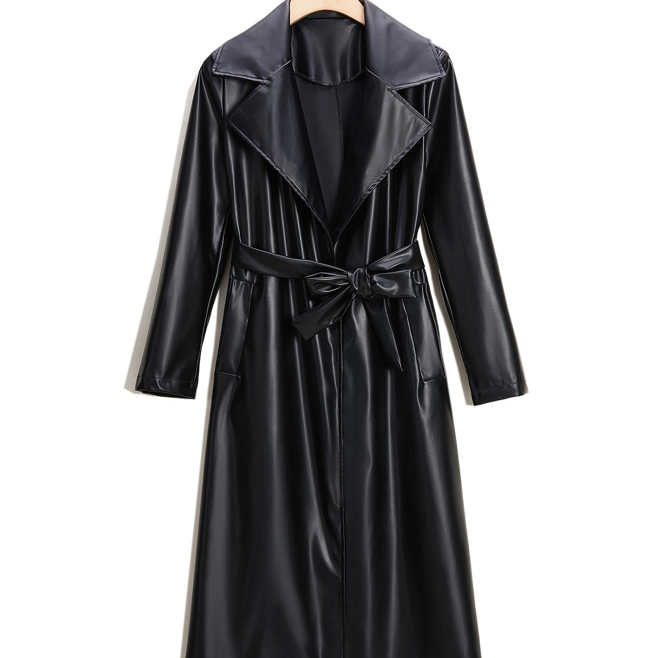 Longline Faux Leather Coat, Elegant Black Lapel Belted Coat For Fall & Winter, Women's Clothing