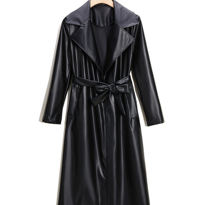 Longline Faux Leather Coat, Elegant Black Lapel Belted Coat For Fall & Winter, Women's Clothing