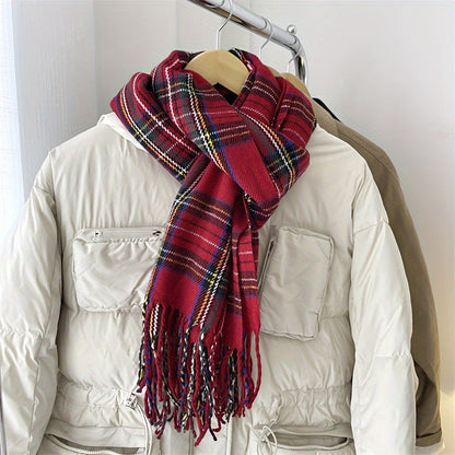 Stylish Red Plaid Tassel Scarf Shawl - Soft, Warm, Coldproof, Inelastic, Autumn and Winter Essential - Perfect for Outdoor Activities and Daily Wear