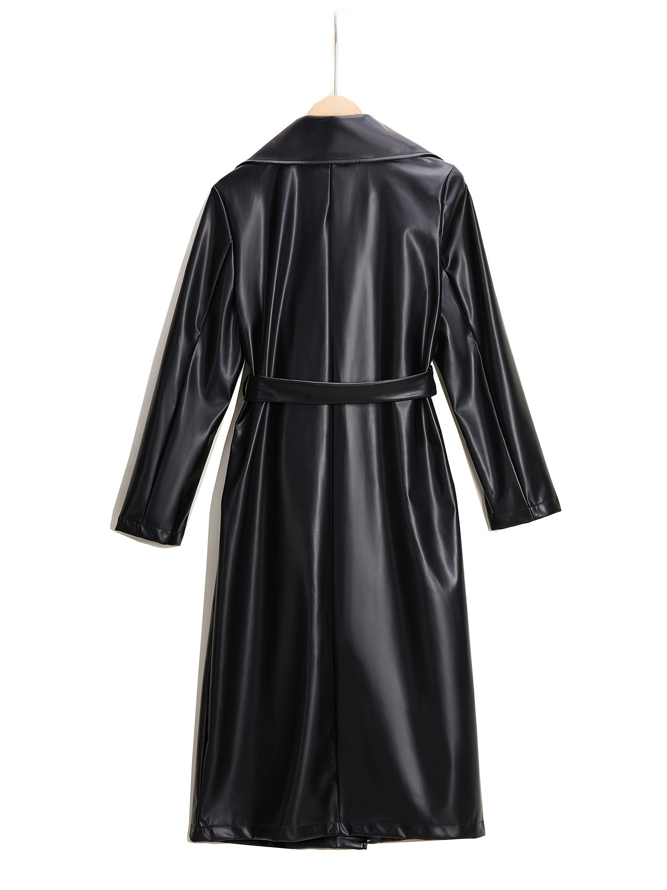 Longline Faux Leather Coat, Elegant Black Lapel Belted Coat For Fall & Winter, Women's Clothing