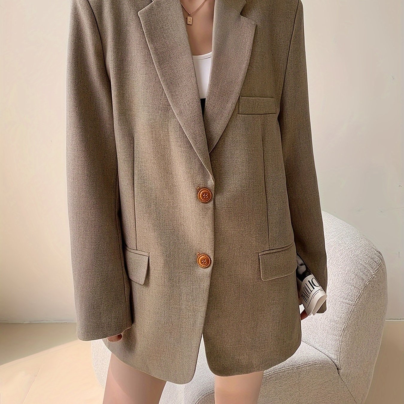 dunnmall  Solid Single Breasted Lapel Blazer, Vintage Long Sleeve Outwear For Office & Work, Women's Clothing